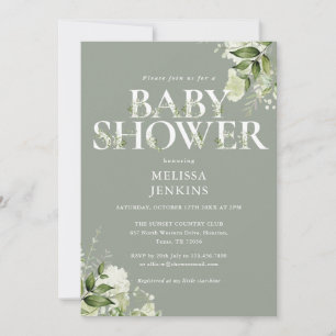 Invitation Baby shower au feuillage de verdure sage et neutre