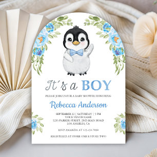 Invitation Baby Shower au Pingouin Fleuris Aquarelle Bleue