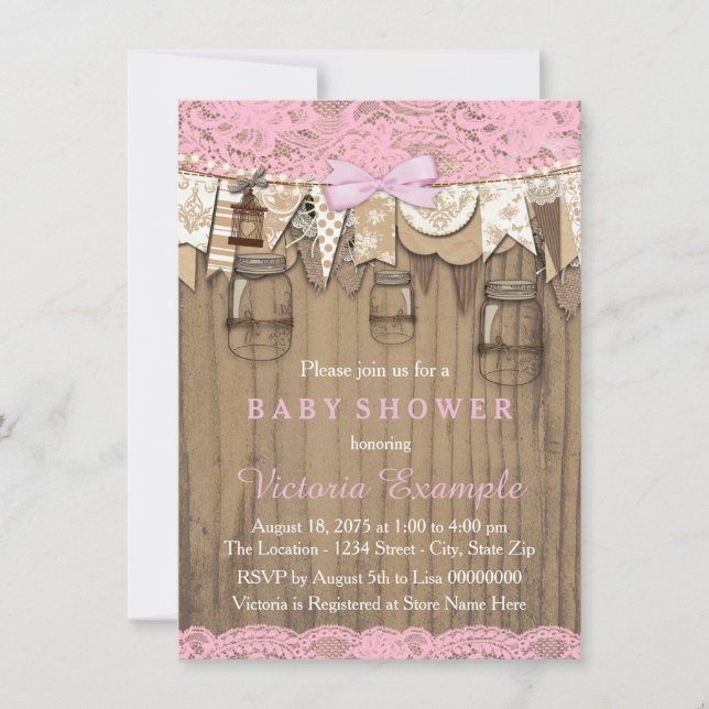 Invitation Baby Shower au Pot Mason avec Dentelle Rustique (Devant)