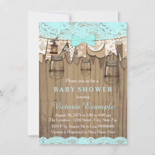 Invitation Baby Shower au Pot Mason avec Dentelle Rustique (Devant)