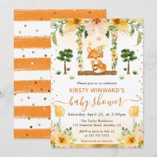 Invitation Baby Shower au renard floral mignon aquarelle