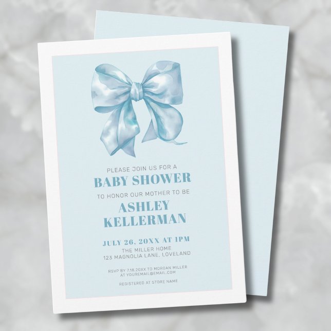 Invitation Baby Shower au Ruban Bleu Élégant (Blue Bow Baby Shower Invitation)