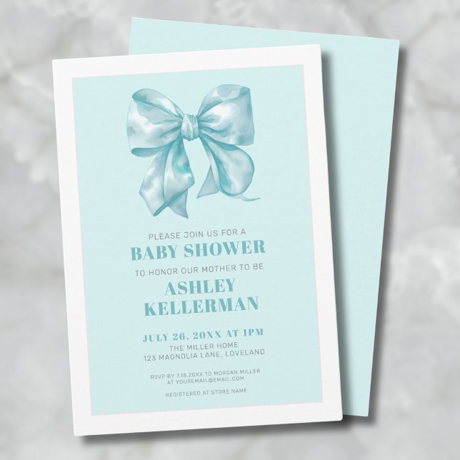 Invitation Baby Shower au Ruban Bleu Élégant (Teal Blue Bow Baby Shower Invitation)
