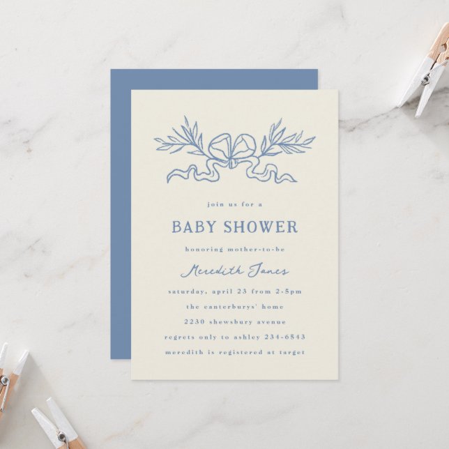 Invitation Baby Shower au Ruban Botanique Bleu (Devant/Arrière en situation)