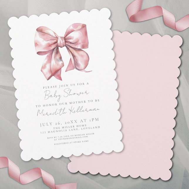 Invitation Baby Shower au Ruban Rose Élégant (Watercolor Pink Bow Baby Shower Invitation)