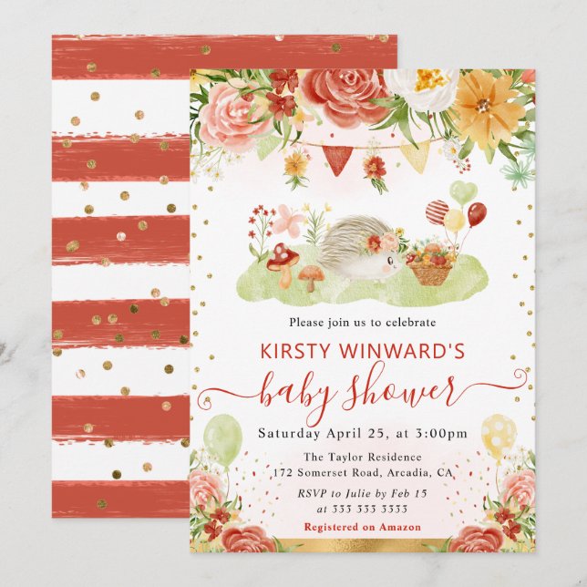 Invitation Baby Shower au thème de hérisson dans les bois à l (Devant / Derrière)
