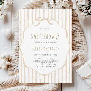 Invitation Baby-Shower au thème de rayures beige et cadre, mi