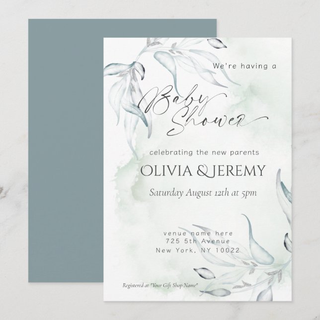 Invitation Baby Shower au Thème Eucalyptus Aquarelle Rustique (Devant / Derrière)
