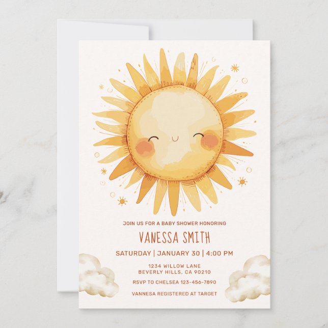 Invitation Baby Shower au Thème Soleil Jaune Unisexe (Devant)