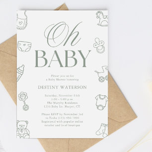 Invitation Baby-Shower au Thème Vert Sauge Dessiné à la Main 