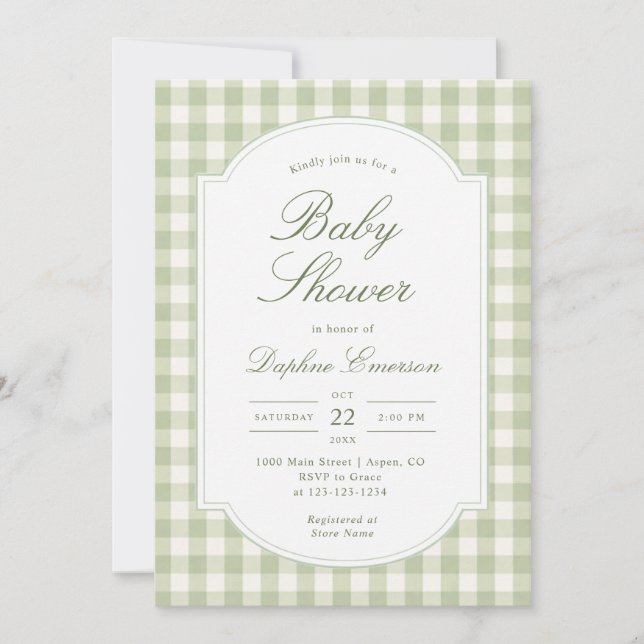 Invitation Baby-Shower au Vichy Vert Sauge (Devant)