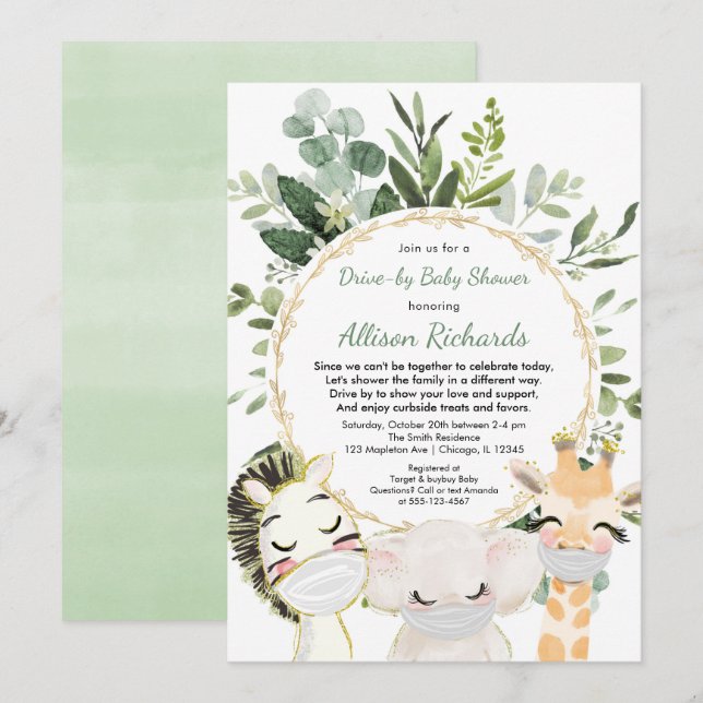 Invitation Baby shower au volant animaux mignons verdure or (Devant / Derrière)