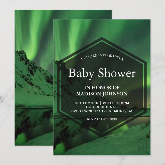 Invitation Baby shower aurora Glacier Northern Lights (Devant / Derrière)