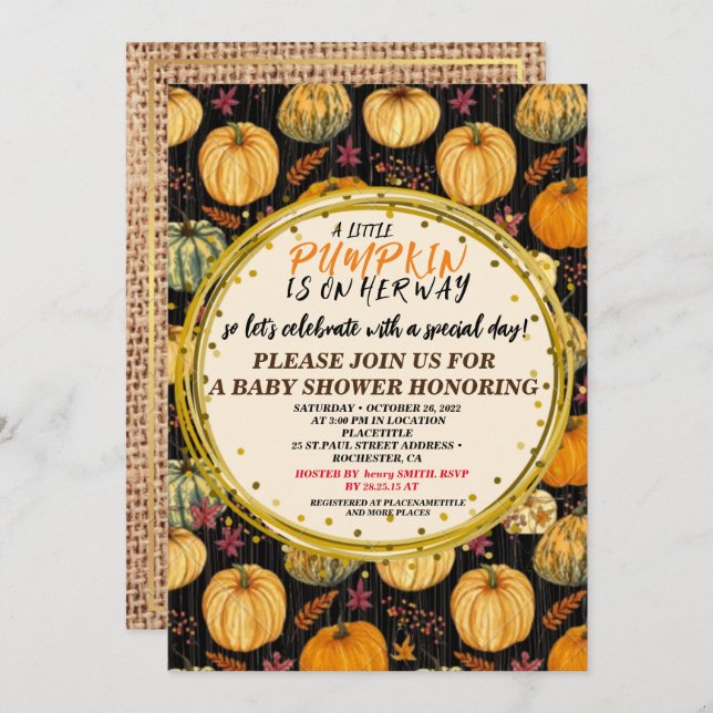 Invitation Baby shower Automne Citrouille Rustique Burlap Boi (Devant / Derrière)