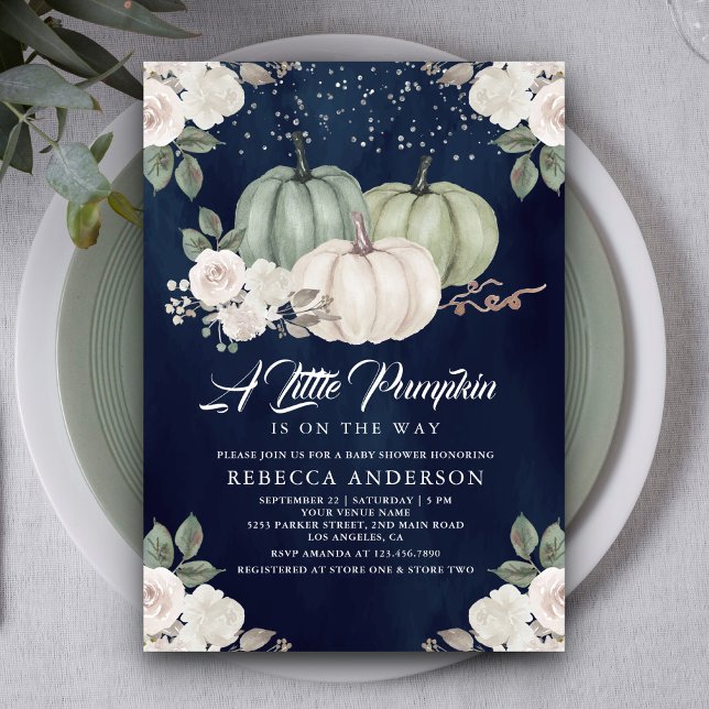 Invitation Baby Shower Automne Fleurs de Citrouille Vert Saug (Créateur téléchargé)