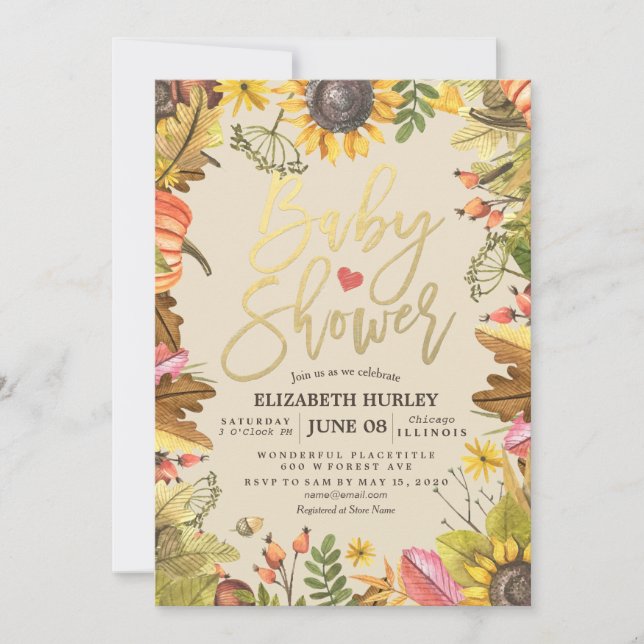 Invitation Baby shower Automne Maple Feuille Citrouille Sunfl (Devant)