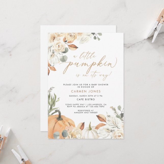 Invitation Baby shower Automne, Un peu citrouille (Devant/Arrière en situation)