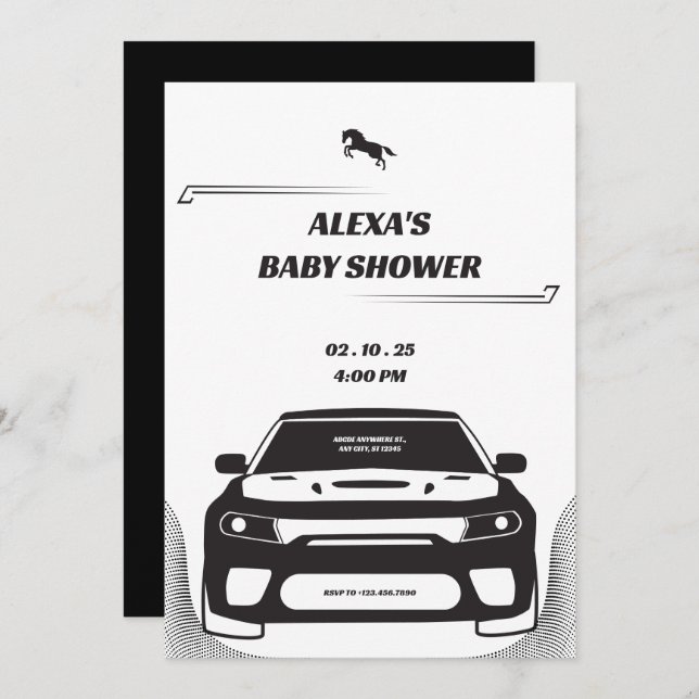 Invitation Baby shower automobile Mustang noir et blanc Invit (Devant / Derrière)