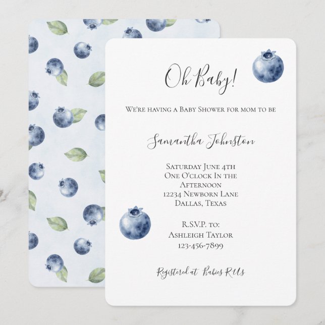 Invitation Baby Shower aux bleuets  (Devant / Derrière)