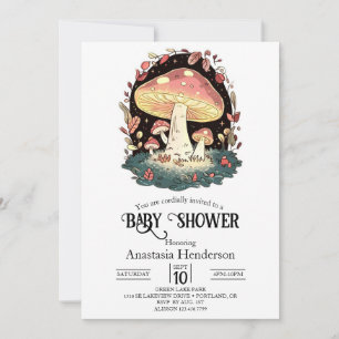 Invitation Baby shower aux champignons enchaînés Pastel