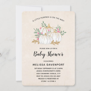 Invitation Baby Shower aux citrouilles aquarelles blanches et
