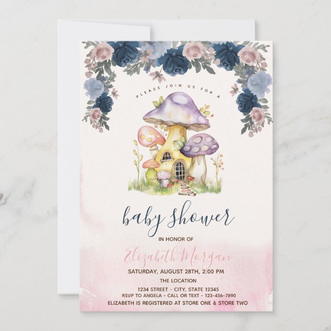 Invitation Baby shower aux fleurs de champignons colorés (Devant)