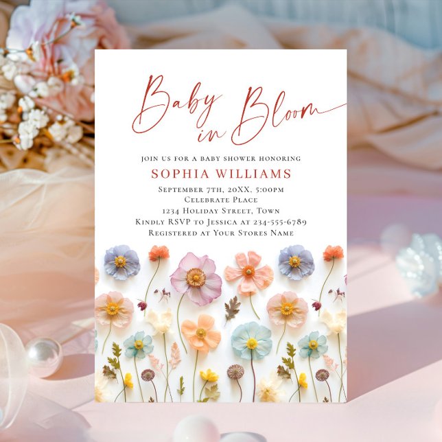 Invitation Baby shower aux fleurs sauvages du Boho rose paste (Créateur téléchargé)