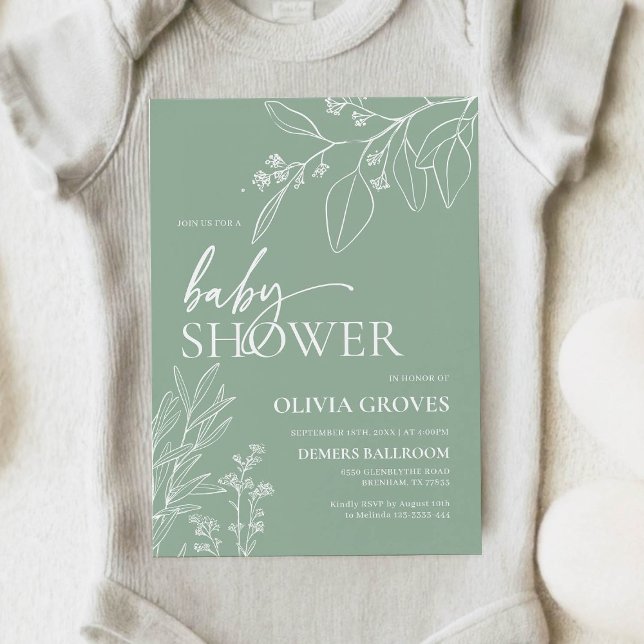 Invitation Baby-Shower aux Fleurs Vert Sauge (Créateur téléchargé)