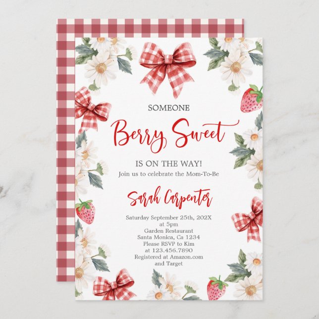 Invitation Baby shower aux fraises (Devant / Derrière)
