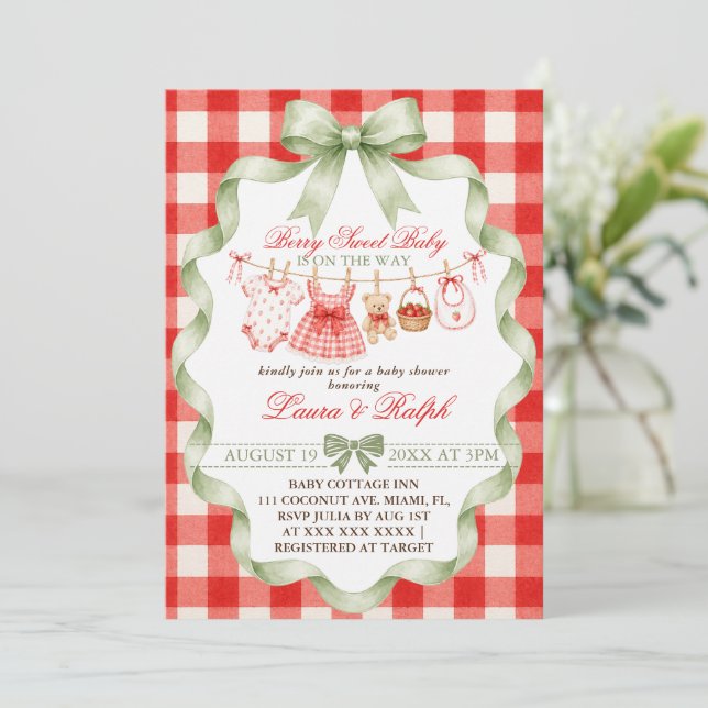 Invitation Baby Shower aux Fraises Douces et Sucrées (Debout devant)
