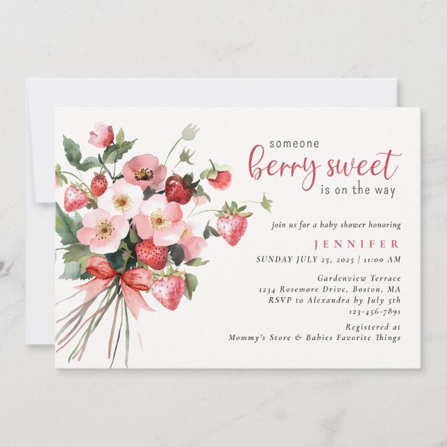 Invitation Baby-Shower aux Fraises Fleuris Doux (Devant)