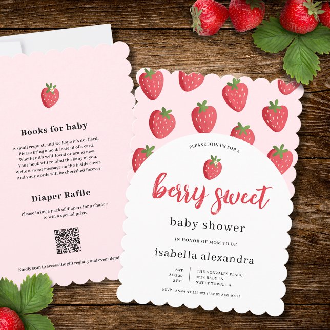 Invitation Baby Shower aux Fraises Roses Émincées et Sucrées (The front and back of the invitation is shown in 5x7-inch with a scalloped frame. )
