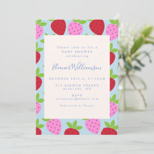 Invitation Baby shower aux fraises roses et bleues