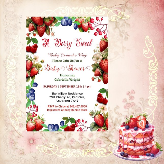 Invitation Baby shower aux fraises rouges | Blue Berry Sweet  (Red Strawberry Baby Shower | Blue Berry Sweet Cute Invitation)