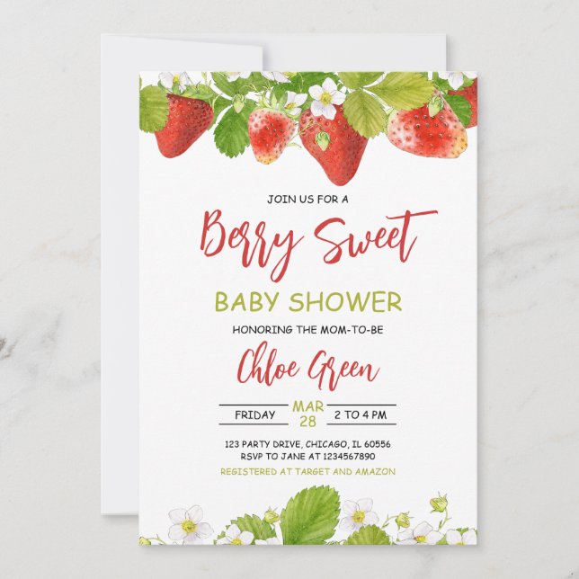 Invitation Baby shower aux fraises verdoyantes (Devant)