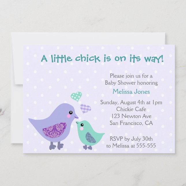 Invitation Baby shower aux oiseaux bleus et mauves (Devant)