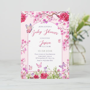 Invitation Baby shower aux papillons aux fleurs roses