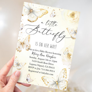 Invitation Baby shower aux papillons blanc et or