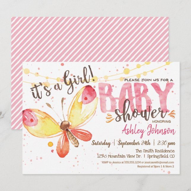 Invitation Baby shower aux papillons, c'est une fille (Devant / Derrière)