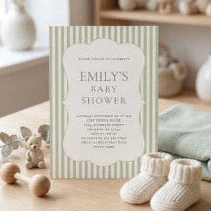 Invitation Baby Shower aux rayures vert sauge moderne