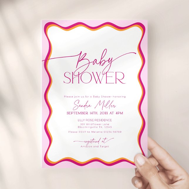 Invitation Baby Shower avec Bordure Ondulée Rose R (Créateur téléchargé)