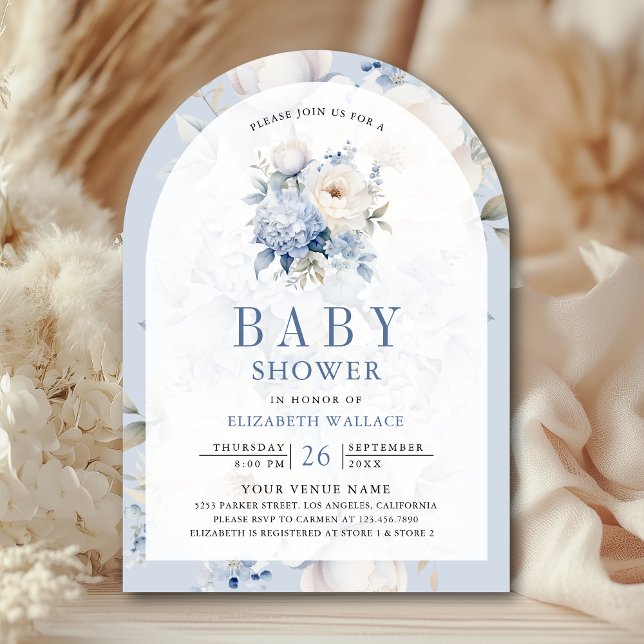 Invitation Baby-Shower avec code QR floral bleu poussiéreux e (Créateur téléchargé)