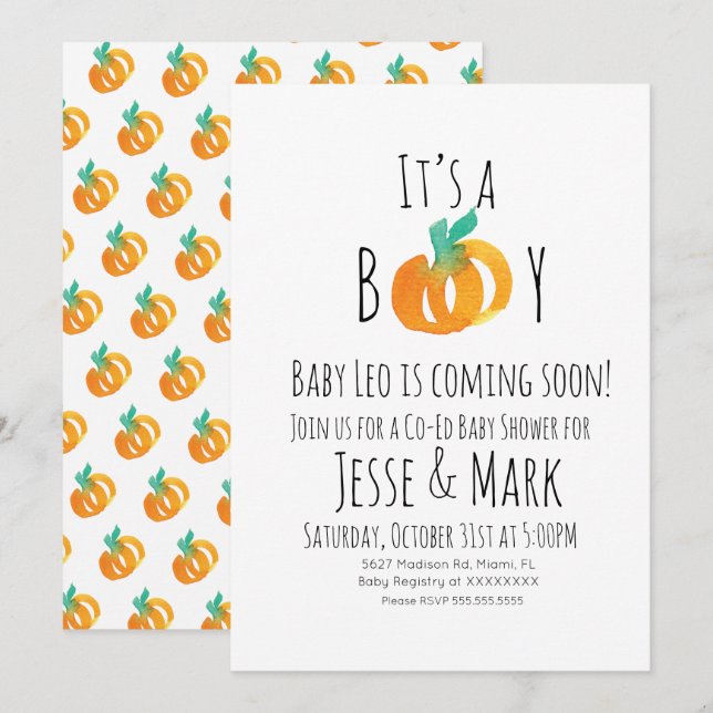 Invitation Baby-Shower avec des mini citrouilles à l'aquarell (Devant / Derrière)