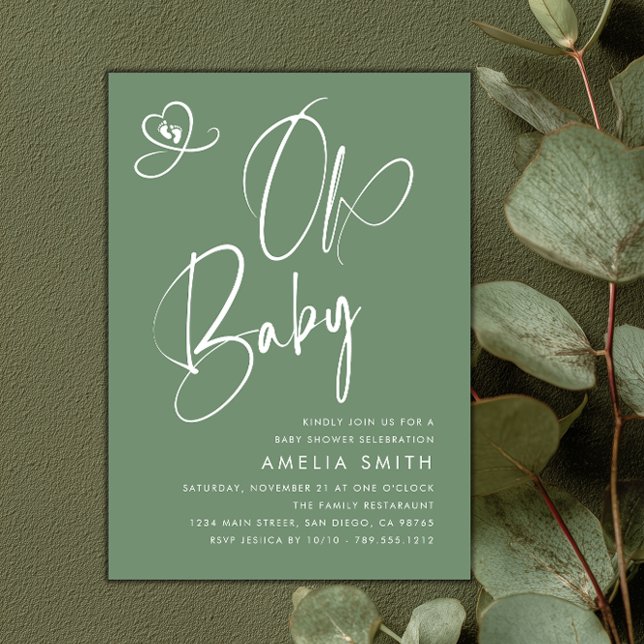 Invitation Baby-Shower avec écriture en vert sauge (Créateur téléchargé)