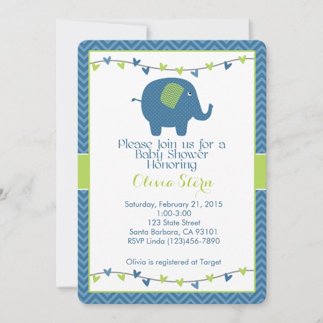 Invitation baby shower avec éléphant en bleu (Devant)
