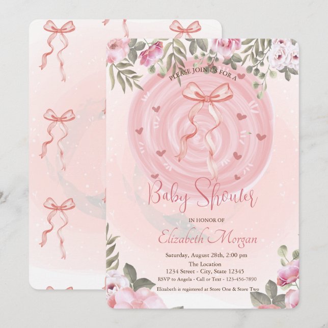 Invitation Baby-Shower avec Fleurs et Ruban Rose (Devant / Derrière)