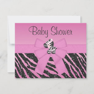 Invitation Baby Shower avec Imprimé Zèbre Rose et Nœud à Pail