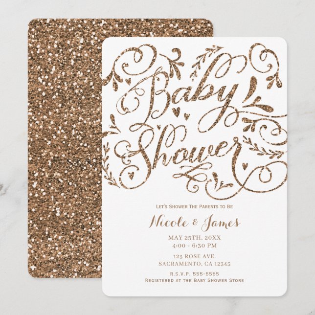 Invitation Baby Shower avec lettrage pailleté rose gold fanta (Devant / Derrière)
