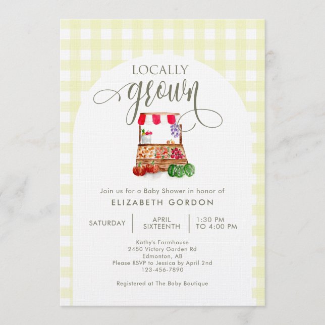 Invitation Baby-Shower avec Marché Ferme de Gingham Local (Devant)