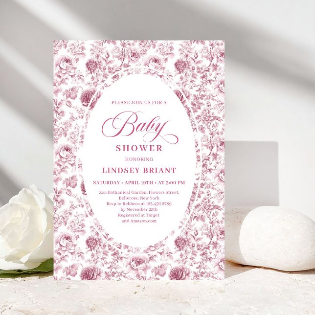 Invitation Baby Shower avec Motif Classique de Roses Roses et (Classic Pink and White Rose Pattern Baby Shower Invite)